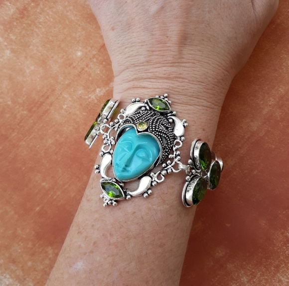 New Carved Goddess Face Peridot & Citrine 925 Silver Bracelet. - Picture 2 of 8